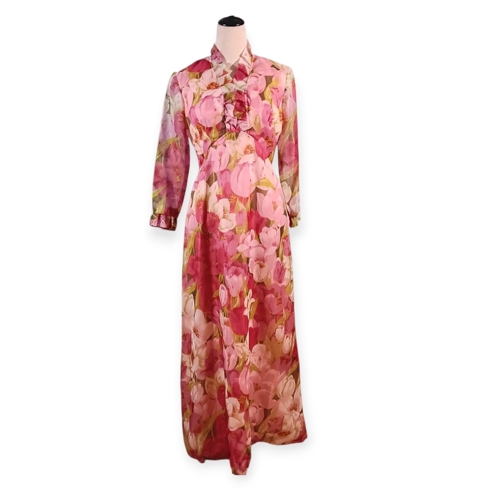 1960s Vintage Chiffon Prom Evening Gown Ruffles & Floral W Sheer Sleeves